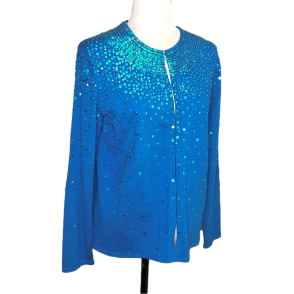 Chico's blue sequin silk cardigan